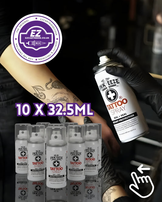 Inkeze tattoo spray with a hand wearing black gloves and a tattoo on an arm, surrounded by multiple spray cans.