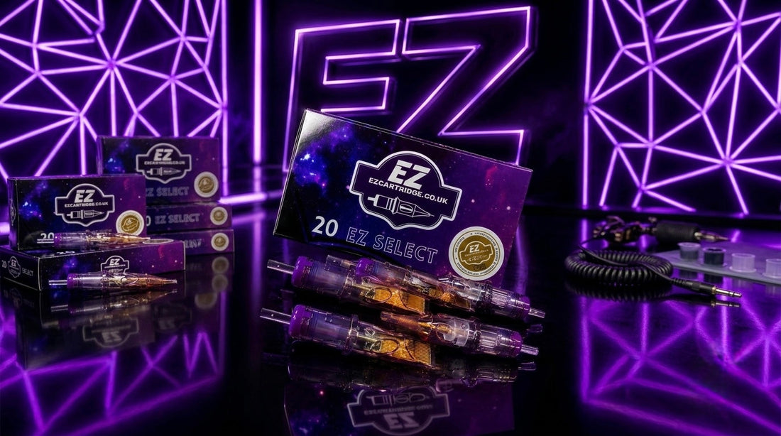 Professional tattoo needle cartridges arranged by configuration on a dark studio background