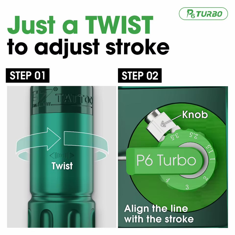 EZ P6 TURBO DIRECT DRIVE ADJUSTABLE STROKE WIRELESS TATTOO MACHINE 1.0–5.0MM
