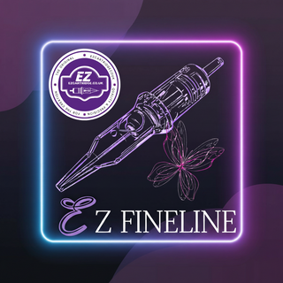 Promotional graphic for an EZ Fineline cosmetic needle device, featuring a purple and blue neon-style border, a line-art illustration of the device, a flower motif, and a circular brand seal on a dark purple background.