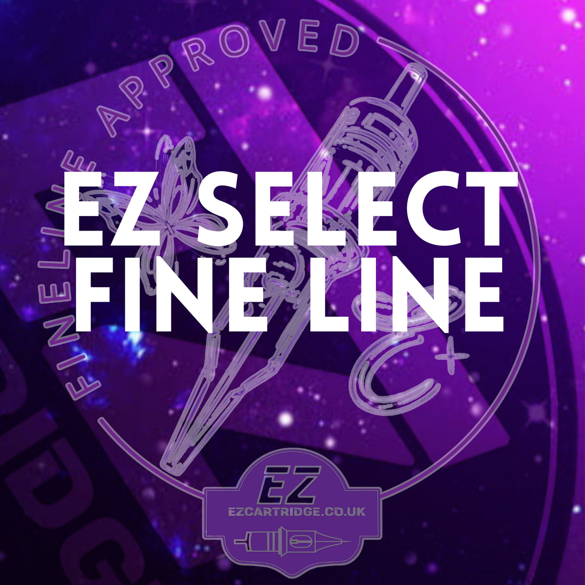Promotional graphic for EZ Select Fine Line with branding elements on a purple background