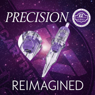 Two clear cosmetic needle cartridges with purple fluid chambers on a purple and black starry background, with large white text reading 'PRECISION REIMAGINED' and a circular 'EZ Injection Systems' logo.