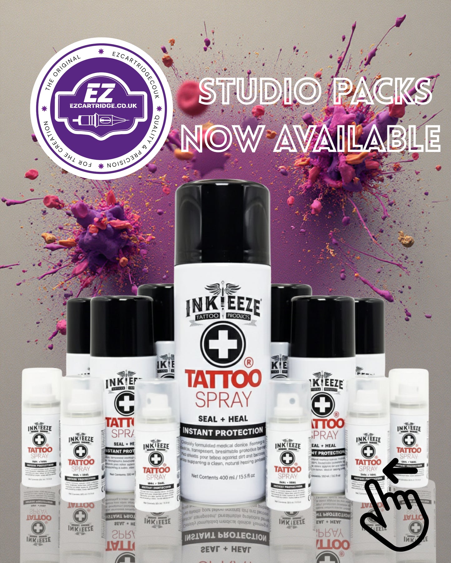 Inkeze tattoo spray bottles with colorful splashes and EZ Elegance branding.