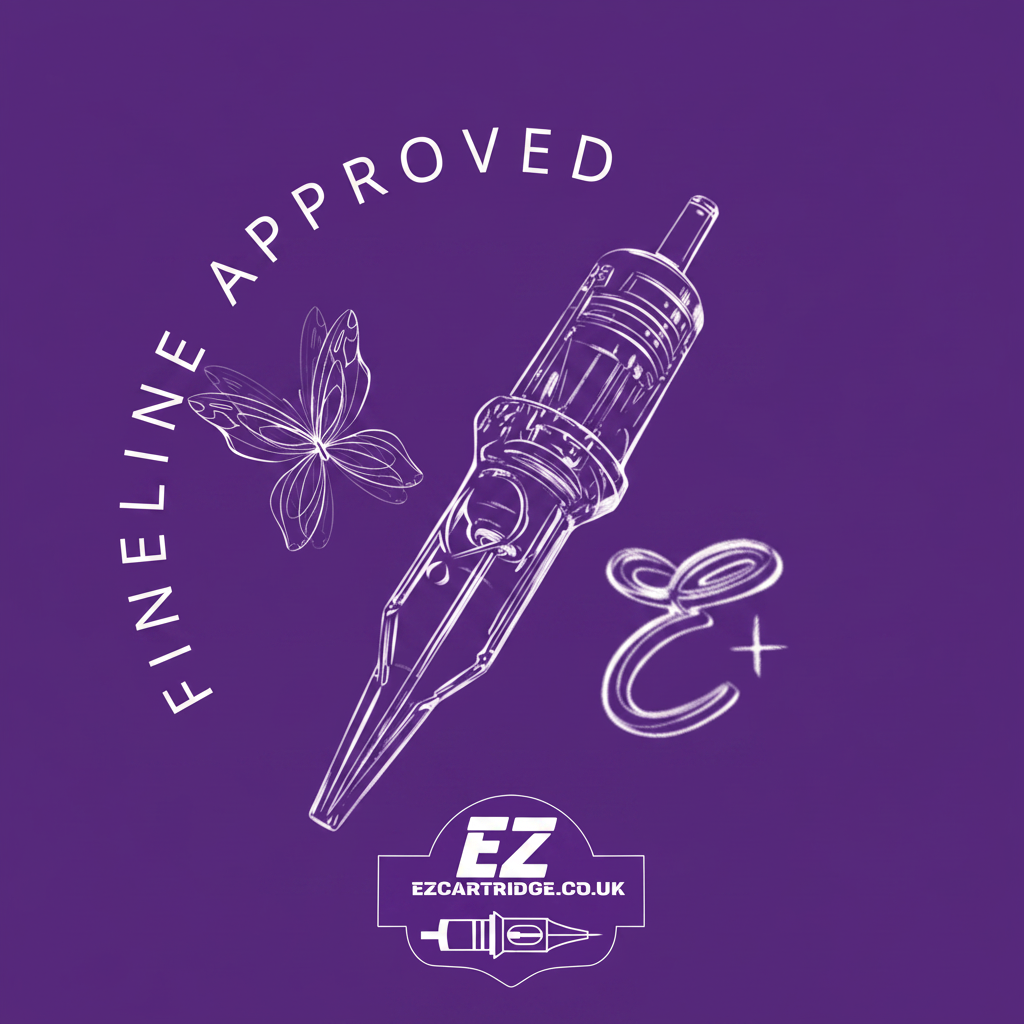A purple graphic with white line art showing a tattoo needle cartridge, a butterfly, the words 'FINELINE APPROVED,' and an EZ Cartridge logo at the bottom.