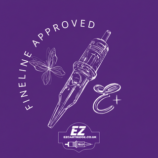 A purple graphic with white line art showing a tattoo needle cartridge, a butterfly, the words 'FINELINE APPROVED,' and an EZ Cartridge logo at the bottom.