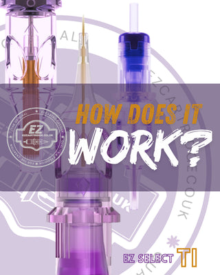 TATTOO NEEDLES  with text 'How Does It Work?' and 'EZ Select TI' branding on a purple and white background.
