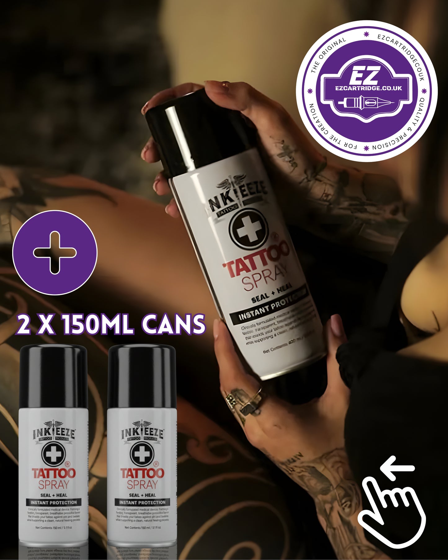 Person holding two 150ml cans of InkeezeTattoo Spray with a visible brand logo.